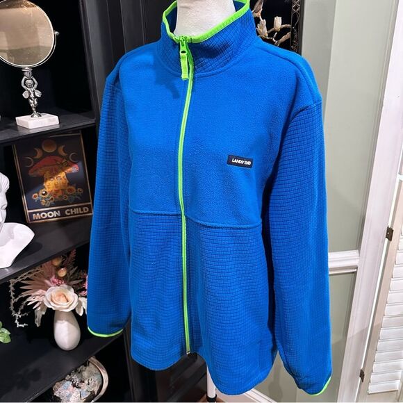 Lands’ End Full Zip Grid Fleece Jacket – Blue with Neon Green Trim, Size L - Picture 4 of 12